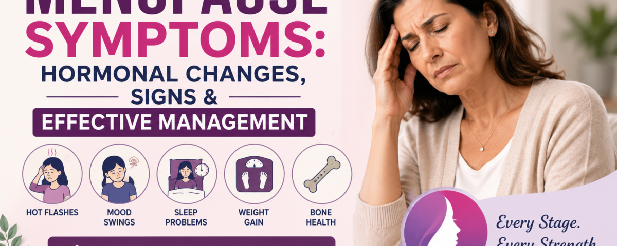 Menopause symptoms illustration showing hormonal changes, common signs, and effective management strategies for women's health.