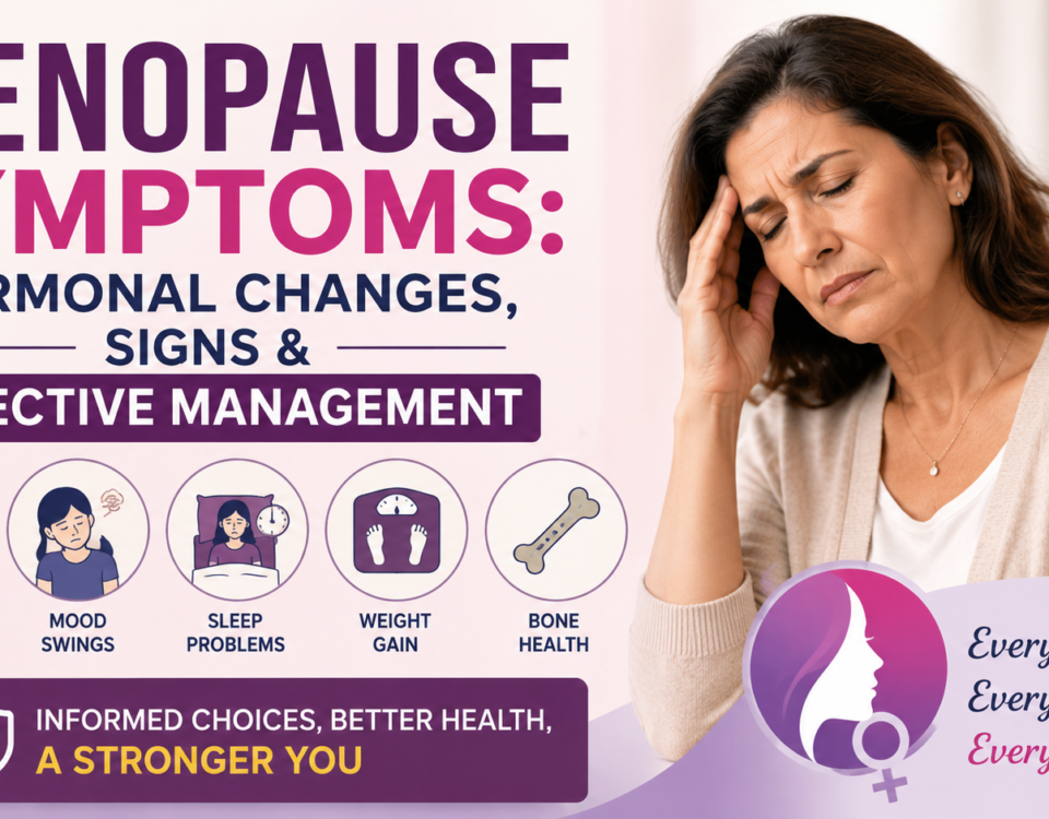Menopause symptoms illustration showing hormonal changes, common signs, and effective management strategies for women's health.